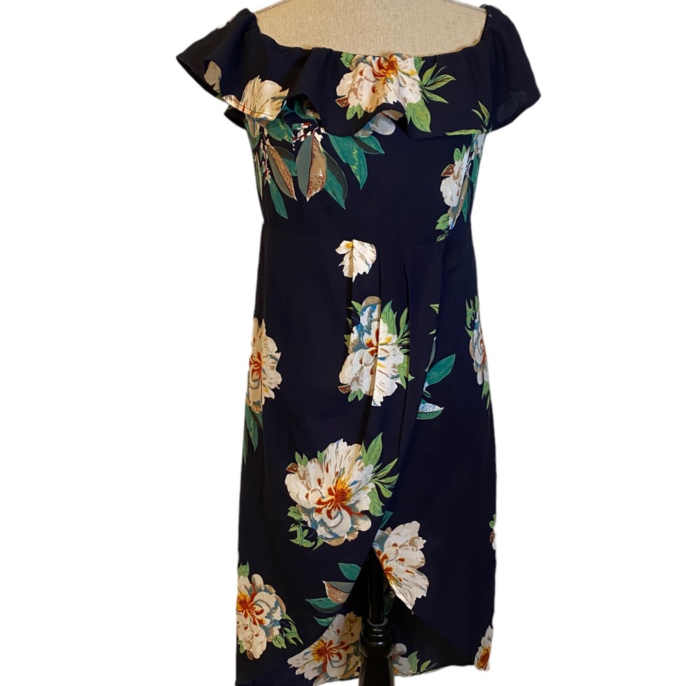 Tropical floral navy faux wrap dress